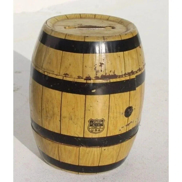 Vintage J. Chein Tin Litho Bank Happy Days Barrel Toy - Picture 3 of 4